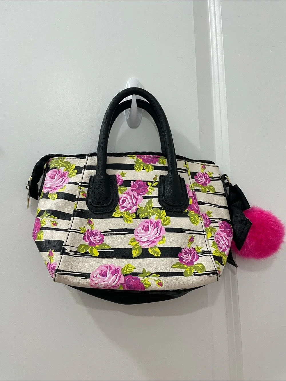 Betsey Johnson Striped Rose Floral Satchel Handbag w/Pom Pom (No Crossbody Strap